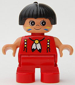 Duplo Figure, Child Type 2 Girl, Red Legs, Red Top with Feather Necklace, Black Hair with Feather (American Indian)