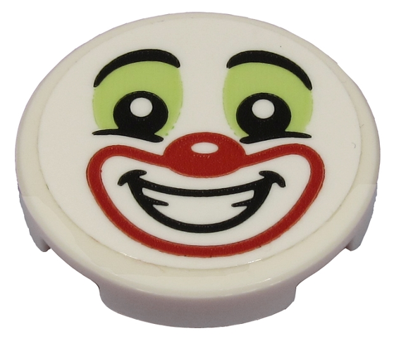 Tegel, Rond 2 x 2 met Onderkant Studs Houder met Clown Gezicht met Geelgroen Oogschaduw en Rode Neus en Mond Patroon (Sticker) - Set 70432