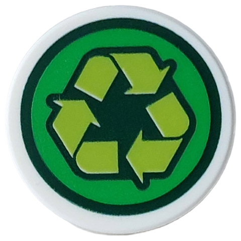 Tile, Round 2 x 2 with Bottom Stud Holder with Dark Green, Green and Lime Recycle Logo Pattern