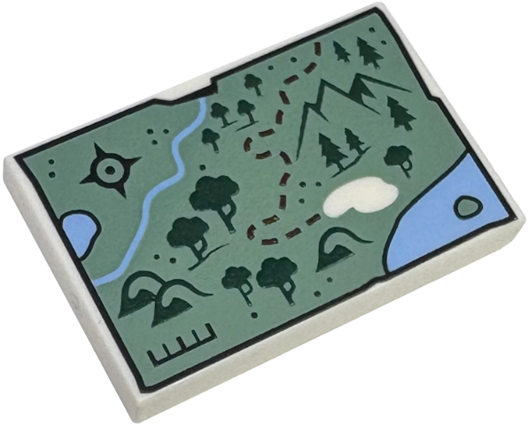 Tile 2 x 3 with Map with Sand Green Land, Bright Light Blue Water, Dark Green Trees and Mountains, Black Compass Rose and Dark Red Dotted Line Pattern