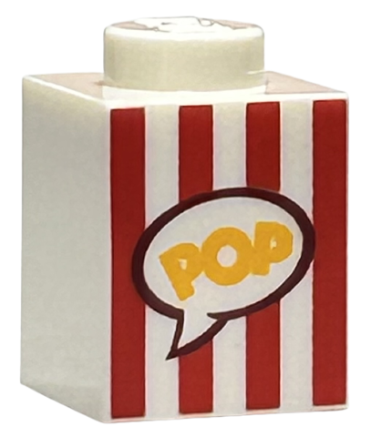 Brick 1 x 1 with Red Vertical Stripes and Yellow 'POP' in Speech Bubble Pattern (Popcorn Box)