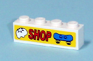 Brick 1 x 4 with 'SHOP' with Skateboard and Helmet Pattern (Sticker) - Set 7641