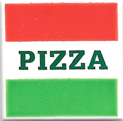 Tile 2 x 2 with Red and Green Stripes and Dark Green 'PIZZA' Pattern (Pizza Box)