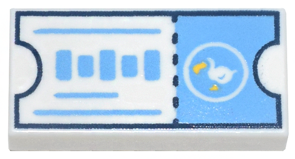 Tile 1 x 2 with Dark Blue and Medium Blue Ticket with Tear Line, White and Yellow Bird Pattern (Animal Crossing Dodo Airlines Ticket)
