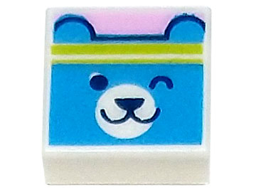 Piastrella 1 x 1 con Motivo Testa Orso Azzurro Scuro con Faccia Socchiusa e Fascia Lime su Sfondo Rosa Brillante