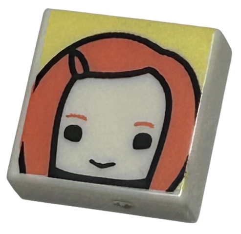 Tile 1 x 1 with Female Head with Smile, Coral Eyebrows and Long Hair on Bright Light Yellow Background Pattern (HP Ginny Weasley)