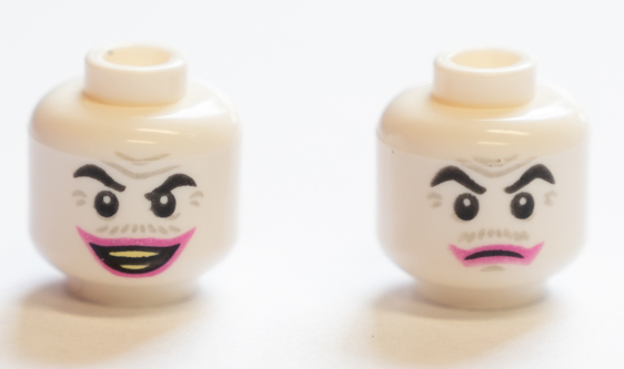Minifigure, Head Dual Sided Black Eyebrows, Light Bluish Gray Wrinkles and Moustache, Dark Pink Lips, Open Mouth Smile with Teeth / Closed Mouth Pattern (The Joker) - Hollow Stud