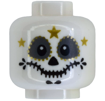 Minifigure, Head Alien El Catrín with Black Triangular Nose, Stitched Mouth, Dark Bluish Gray Eye Shadow, Gold Face Paint with 3 Stars Pattern (BAM)