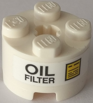 Brick, Round 2 x 2 with Axle Hole with 'OIL FILTER' and Yellow Sign Pattern (Sticker) - Set 42082
