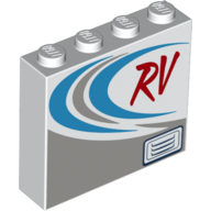 Brick 1 x 4 x 3 with Red 'RV', Dark Azure and Dark Bluish Gray Curved Stripes Pattern