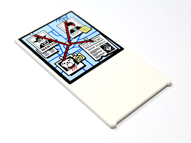 LEGO part Glass for Window 1 x 4 x 6 with Red String, 'WANTED' Poster, Mugshot, Polaroid Photo of Dog and Newspaper on Bright Light Blue Map Pattern (Sticker) - Set 60246 57895pb153