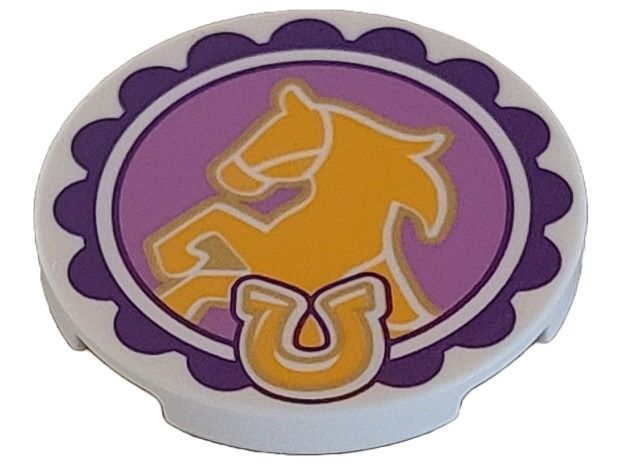 Tile, Round 3 x 3 with Bright Light Orange Horse and Horseshoe on Medium Lavender Circle Background with Dark Purple Scalloped Edge Pattern