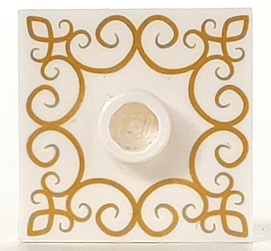 LEGO part Plate, Modified 2 x 2 with Groove and 1 Stud in Center with Gold Filigree Pattern 87580pb002
