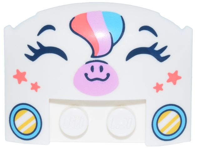Wedge 3 x 4 x 2/3 Triple Curved with Unicorn Face with Medium Azure, Bright Pink and Coral Hair and Nose, Dark Blue Eyes and Yellow Headlights Pattern