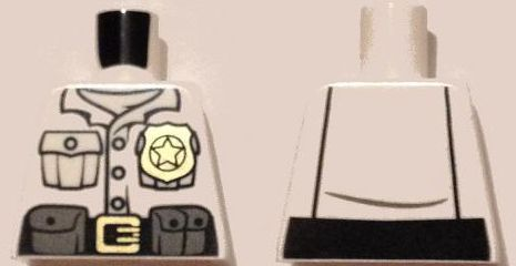 LEGO part Torso Police Shirt with White Undershirt, Gold Badge and Buckle, Black Belt with Pouches on Front, Lines on Back Pattern 973pb2011