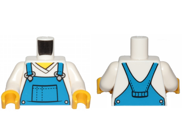 LEGO part Torso V-Neck Shirt with Blue Overalls, Dotted Horizontal Line on Front Pocket - Printed Back Pattern / White Arms / Yellow Hands 973pb3472c01