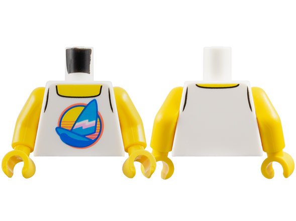 LEGO part Torso Tank Top with Dark Azure Sailboat with Bright Pink and White Stripes in Circle, Yellow Neck Pattern / Yellow Arms / Yellow Hands 973pb3572c01