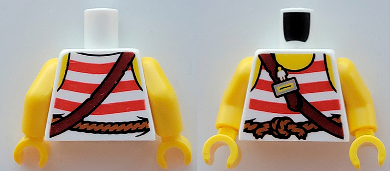 Torso Pirate Tank Top with Red Horizontal Stripes, Rope Belt, Shoulder Strap, Name Tag and Yellow Neck and Shoulders Pattern / Yellow Arms / Yellow Hands (Set 40710)