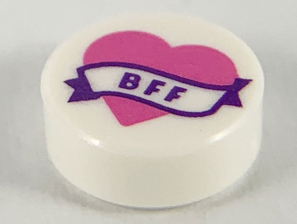 Tile, Round 1 x 1 with Dark Pink Heart and Banner with Dark Purple 'BFF' Pattern