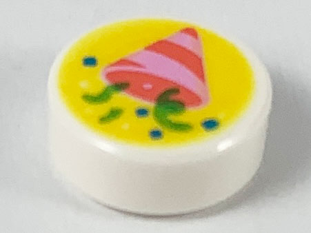 Tile, Round 1 x 1 with Coral and Bright Pink Party Hat and Bright Green and Blue Confetti on Yellow Background Pattern