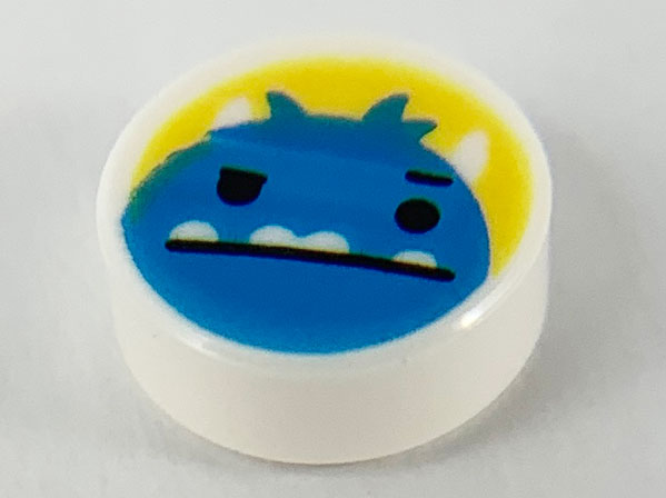 Tile, Round 1 x 1 with Dark Azure Monster Head with Horns, Black Eyes and 4 White Underbite Teeth on Yellow Background Pattern