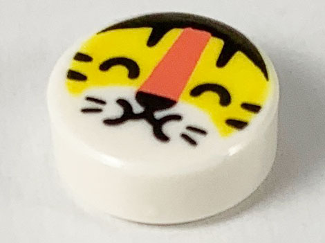 Tile, Round 1 x 1 with Yellow Tiger Face with Black Closed Eyes, Hair, Nose, and Whiskers, and Orange Stripe Pattern