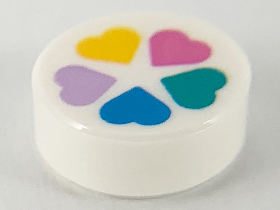 Tile, Round 1 x 1 with Flower Pattern Made of 5 Hearts in Lavender, Bright Light Orange, Dark Pink, Dark Turquoise, and Dark Azure