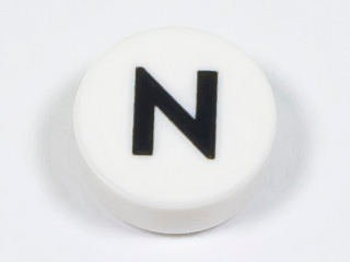 Tile, Round 1 x 1 with Black Capital Letter N Pattern