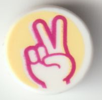 Tile, Round 1 x 1 with Peace Sign Hand with Magenta Outline on Bright Light Yellow Background Pattern