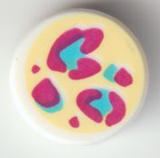 Tile, Round 1 x 1 with Magenta and Medium Azure Leopard Spots on Bright Light Yellow Background Pattern