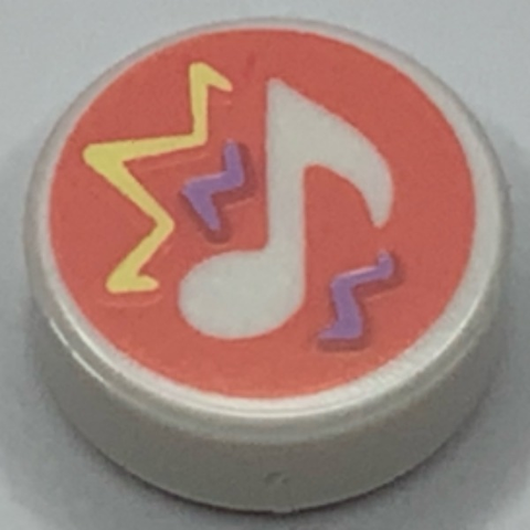 Tile, Round 1 x 1 with Music Note with Bright Light Yellow and Lavender Sound Waves on Coral Background Pattern