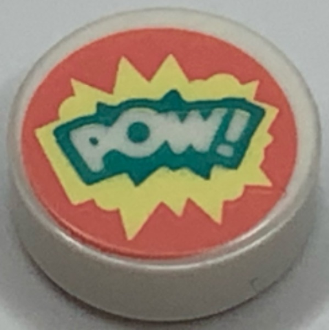 Tile, Round 1 x 1 with 'POW!' on Dark Turquoise, Bright Light Yellow, and Coral Background Pattern