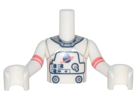 LEGO part Torso Mini Doll Boy Spacesuit with Silver Collar, Buttons, and Classic Space Logo Pattern, White Arms with Hands with Coral Stripes FTBpb070c01