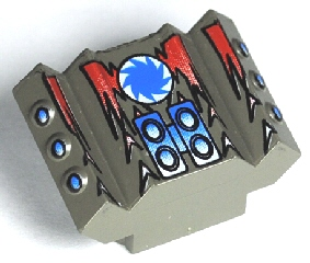Brick, Modified 2 x 2 No Studs, Sloped with Angled Side Block Extensions with Red Flames and Blue Saw Blade on White Circle Pattern