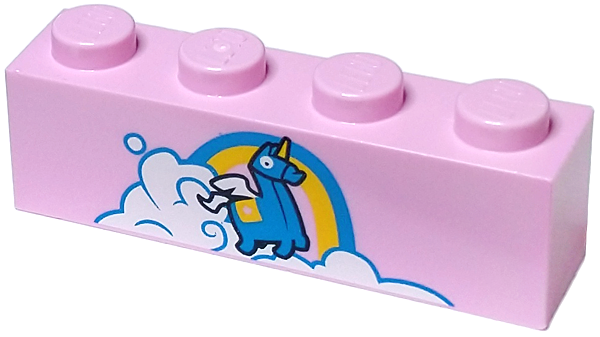 Brick 1 x 4 with Dark Azure and Yellow Unicorn and Rainbow, and White Cloud Pattern (BrickHeadz Brite Bomber Shirt)