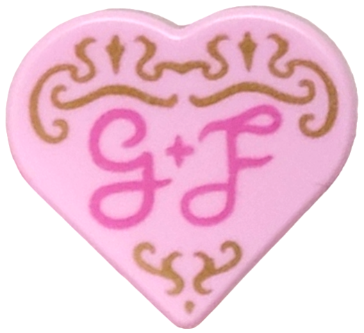 Tile, Round 1 x 1 Heart with Gold Filigree and Dark Pink Script 'G + F' Pattern