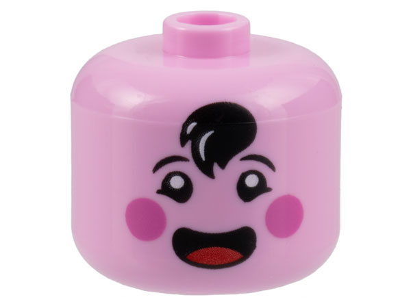 Minifigure, Head, Modified Giant Black Eyebrows and Hair Tuft, Dark Pink Circles on Cheeks, Open Mouth Smile with Red Tongue Pattern - Vented Stud
