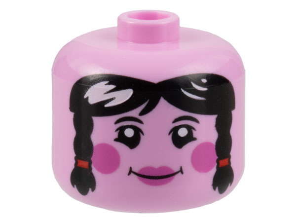 Minifigure, Head, Modified Giant Female Black Eyebrows and Hair with Braids, Dark Pink Circles on Cheeks and Lips, Grin Pattern - Vented Stud