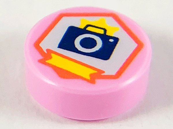 Tile, Round 1 x 1 with Dark Blue Camera, Yellow Flash and Ribbon on White Hexagon with Coral Outline Pattern