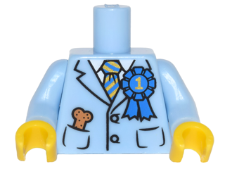 Torso Suit Jacket with Blue and Gold Striped Tie, Blue 1st Place Ribbon, Dog Treat Bone in Pocket Pattern / Bright Light Blue Arms / Yellow Hands