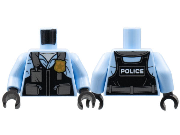 LEGO part Torso Police Black Pilot Safety Vest with Police Badge and Dark Bluish Gray Pockets Pattern / Bright Light Blue Arms / Black Hands 973pb3376c01