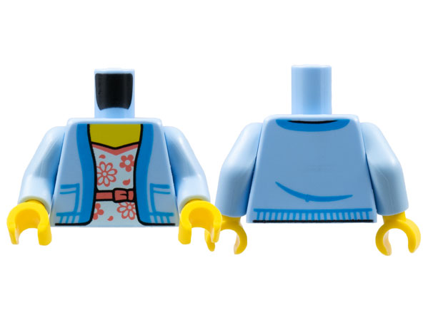 Torso Female Jacket Open with Pockets over White and Coral Shirt with Belt and Flowers Pattern / Bright Light Blue Arms / Yellow Hands