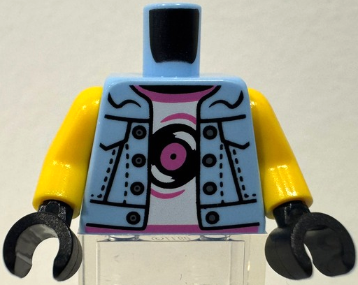 LEGO part Torso Denim Jacket Open with Silver Buttons over White Shirt with Dark Pink Hems and Black Record Pattern / Yellow Arms / Black Hands (BAM) 973pb5355c02