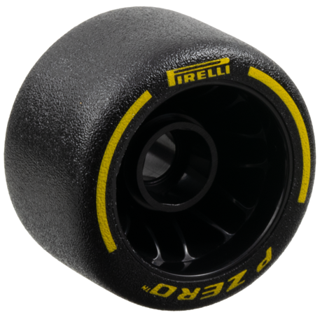Roue 24 x 14.9 avec Trou de Broche avec Pneu Caoutchouc Dur Noir Moulé et Motif Imprimé Jaune 'PIRELLI', 'P ZERO' et Arcs