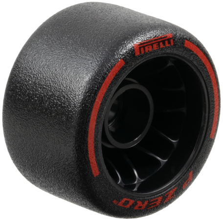 Roue 24 x 14.9 avec Trou de Broche avec Pneu Caoutchouc Dur Noir Moulé et Motif Imprimé Rouge 'PIRELLI', 'P ZERO' et Arcs