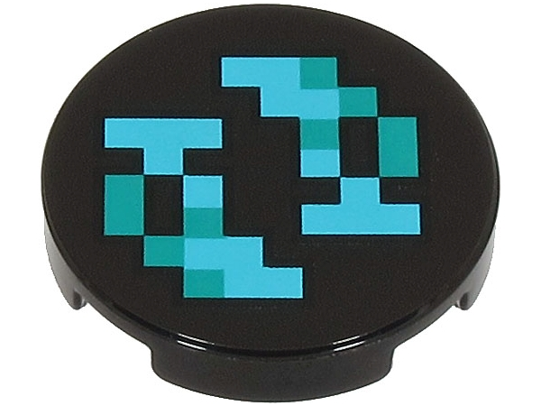 Tile, Round 2 x 2 with Bottom Stud Holder with Pixelated Medium Azure and Dark Turquoise Shapes and Squares Pattern (Minecraft Sculk Shrieker)