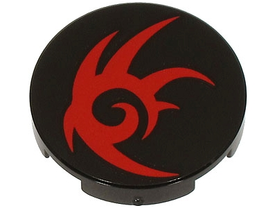 Tile, Round 2 x 2 with Bottom Stud Holder with Red Tribal Symbol Pattern (Shadow the Hedgehog Logo)