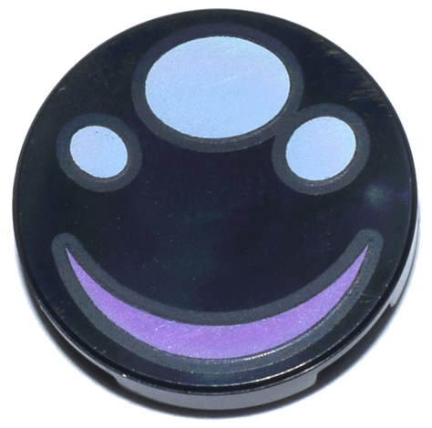 Tile, Round 2 x 2 with Bottom Stud Holder with 3 White Dots / Pupils and Medium Lavender Curved Line / Smile Pattern
