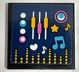 Tile 2 x 2 with Medium Azure, Bright Light Orange and White Musical Notes, Buttons and Equalizer Bars on Dark Blue Background Pattern (Sticker) - Set 41347