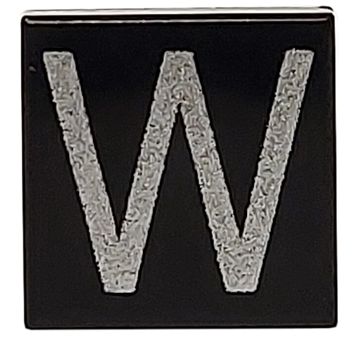 Tile 1 x 1 with Silver Capital Letter W Pattern